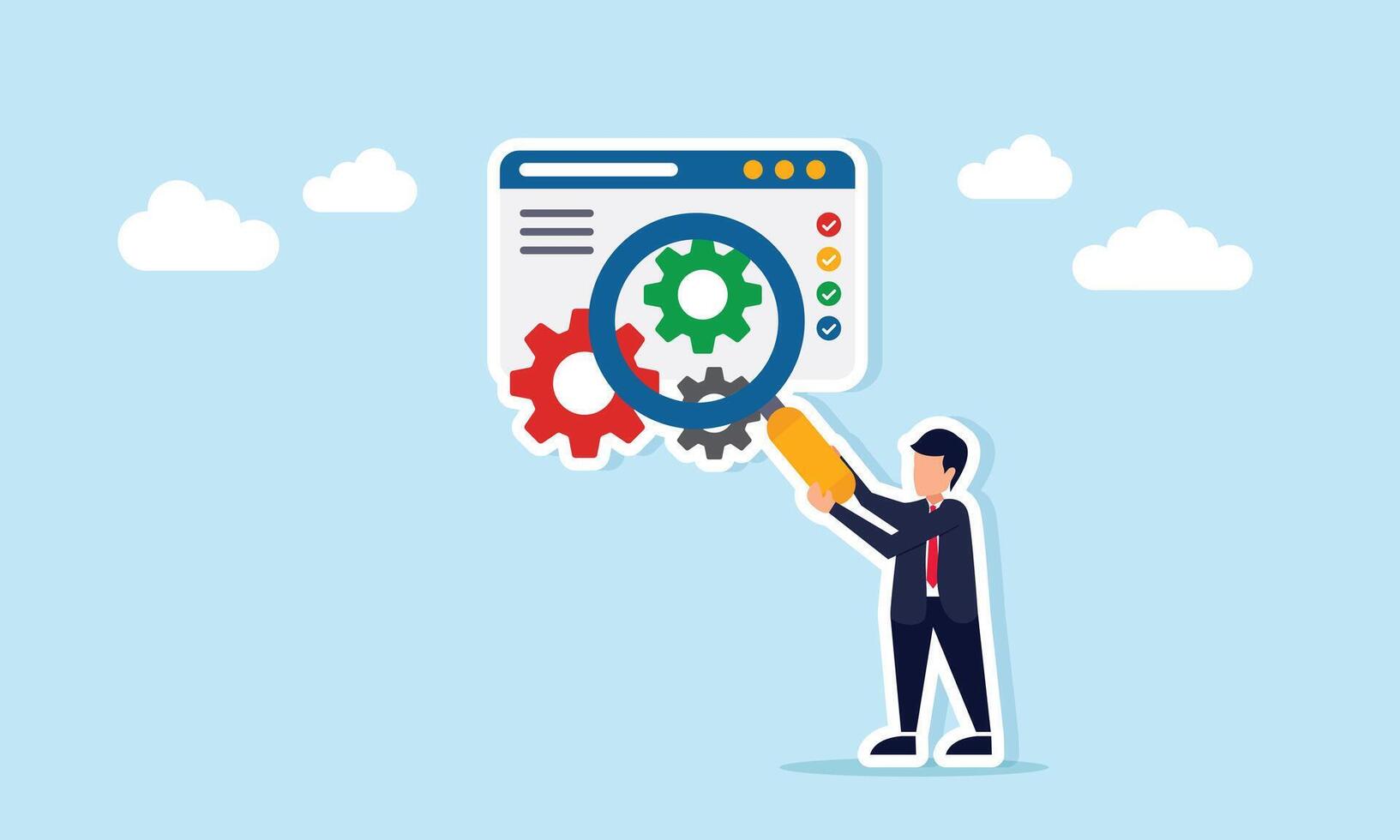 businessman holding a magnifying glass to observe a gear on an application interface, illustration of monitoring how an application system works vector
