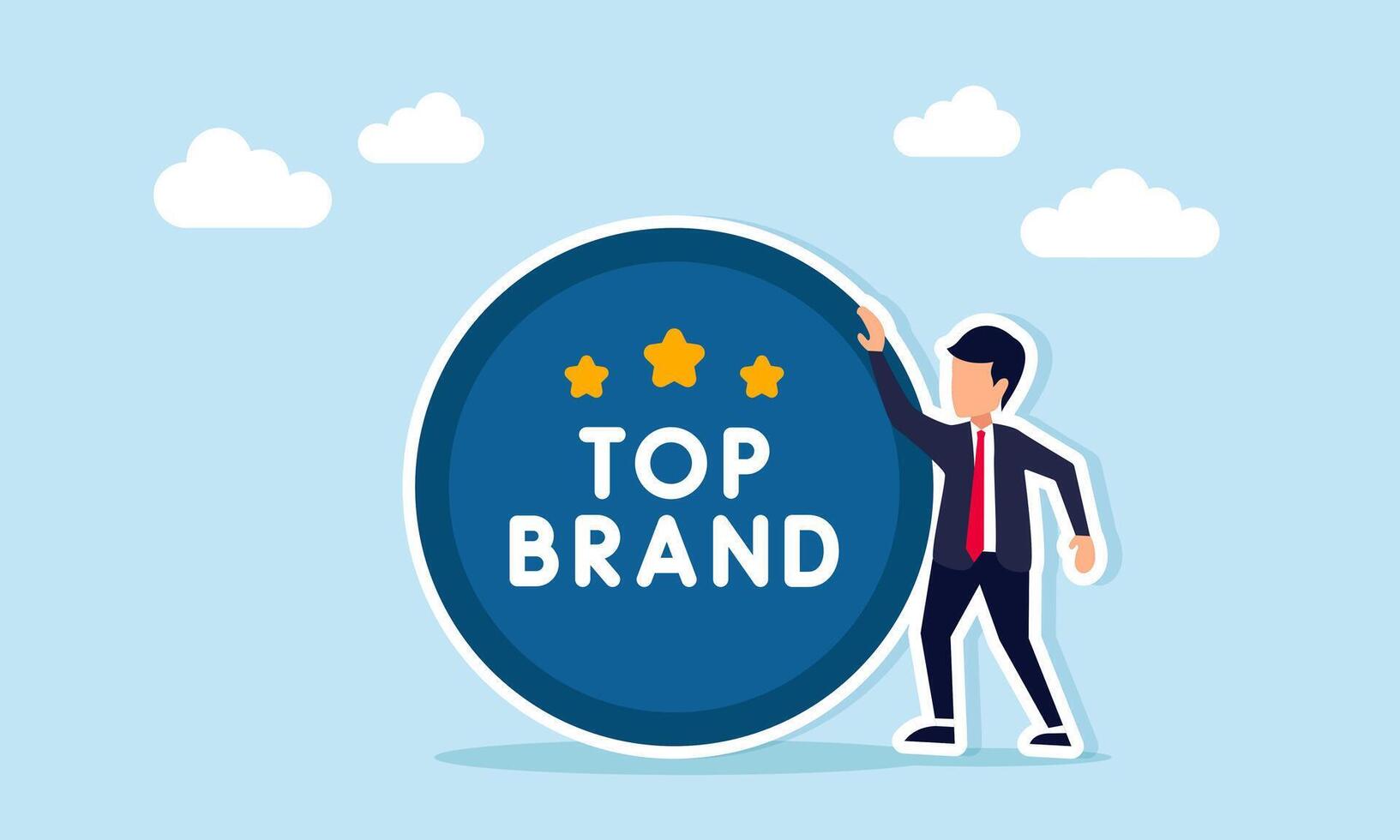 Businessman standing next to a star icon labeled TOP BRAND, illustration of validation or recognition as a good brand vector