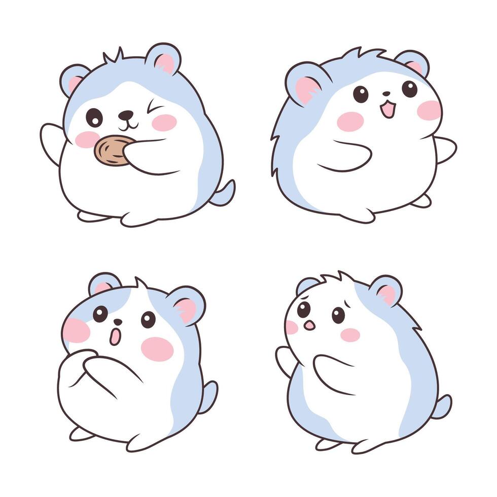 Set of Blue Funny Little Hamster Mice Mouse Animal Cartoon Character Eating Biscuit vector