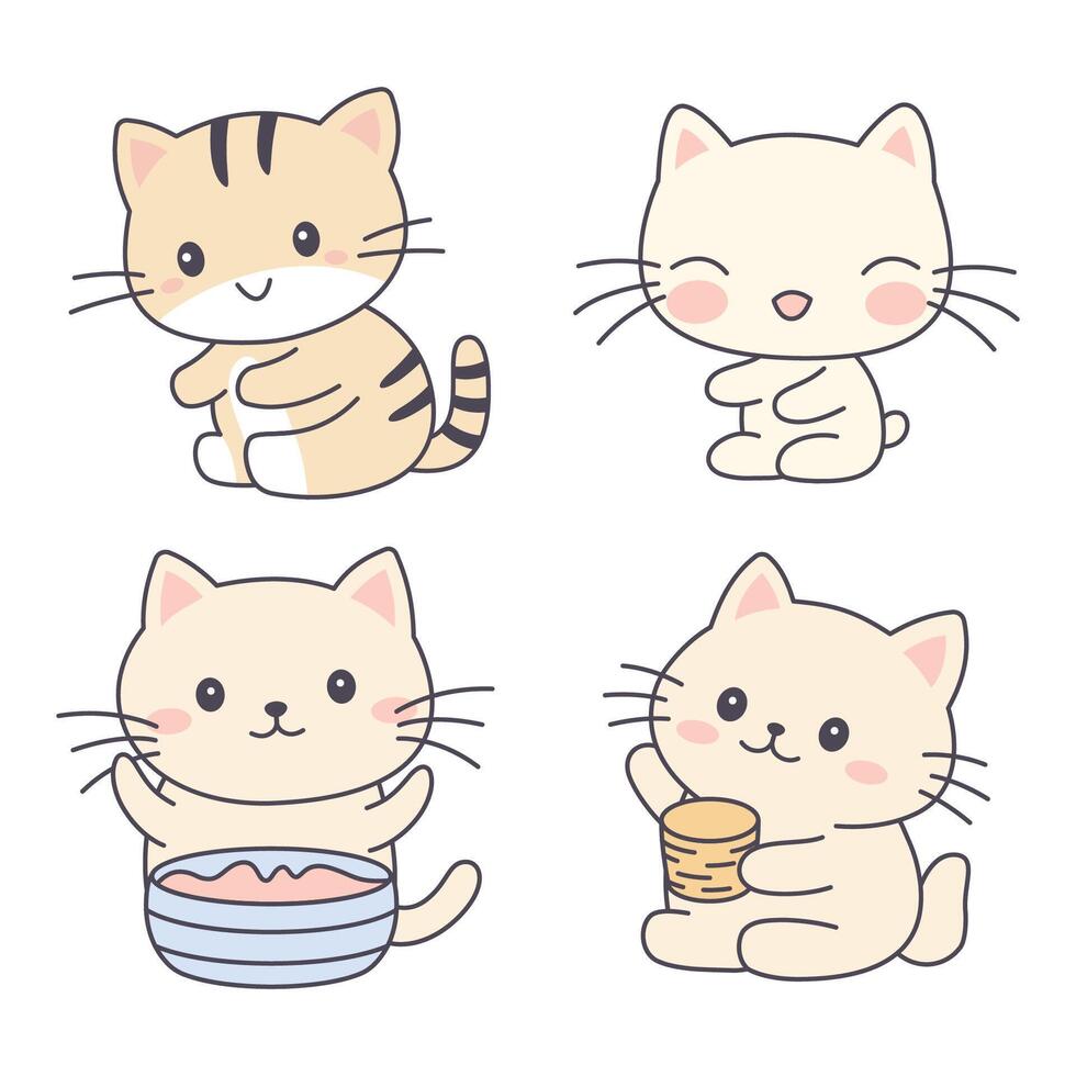 Set of Happy Adorable Orange Kitten Little Cat Pet Animal Cartoon Character is Eating and Drinking vector