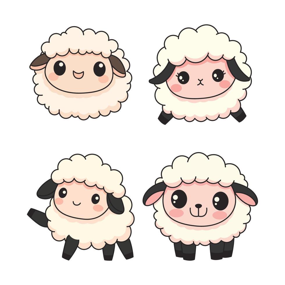 Set of Cute White Sheep Lamb Farm Animal Mascot Cartoon Character with Happy Expression vector