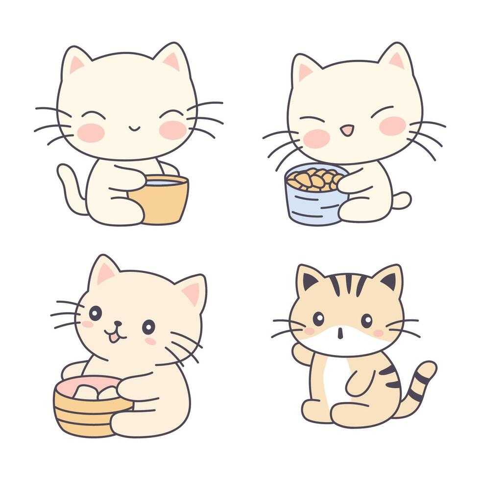 Set of Happy Funny Orange Kitten Little Cat Pet Animal Cartoon Character is Eating and Drinking vector