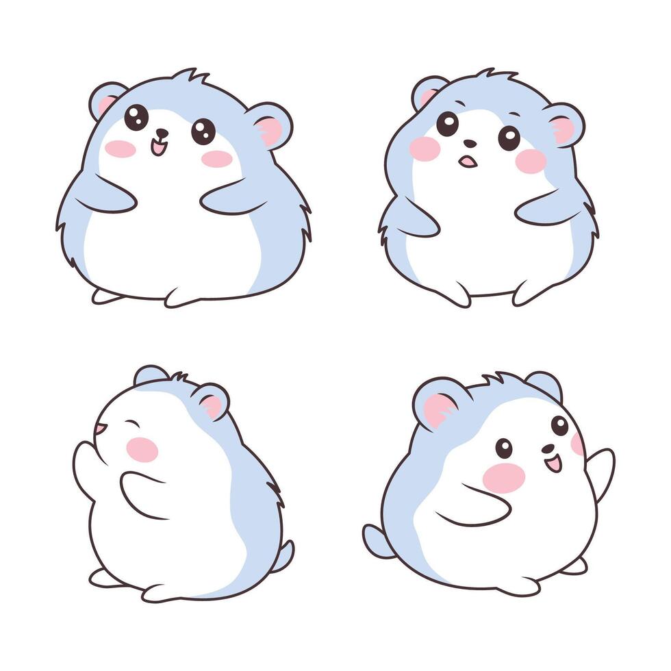 Set of Blue Funny Little Hamster Mice Mouse Animal Cartoon Character with Happy Face vector