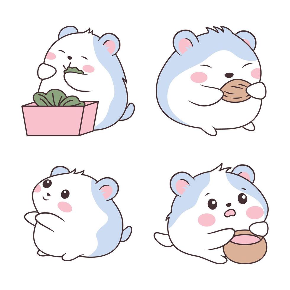 Set of Blue Funny Little Hamster Mice Mouse Animal Cartoon Character Eating Food vector