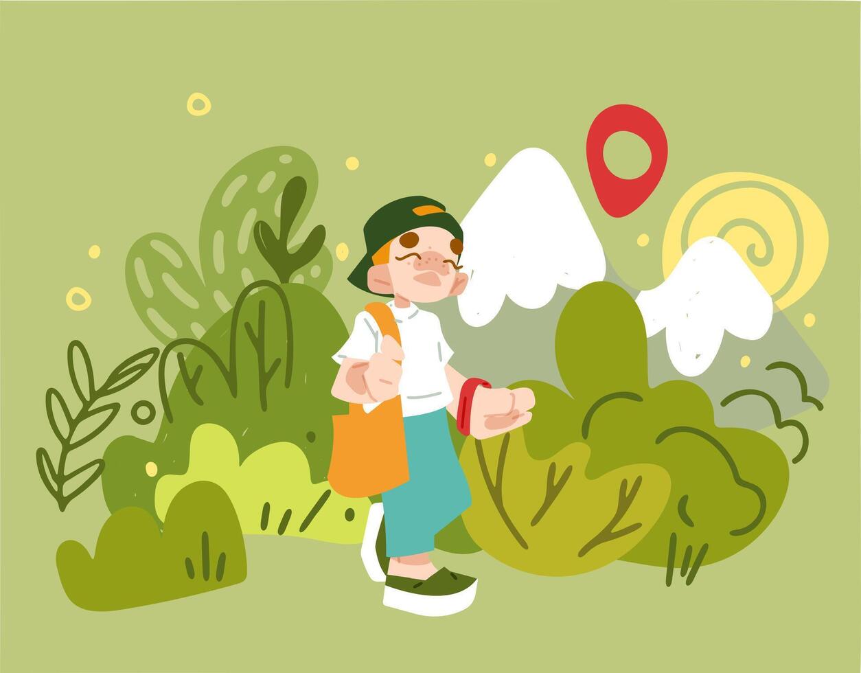 Tourist Hiking In Nature. A cheerful illustration of a young explorer standing among green bushes with snow-capped mountains, a location pin, and a yellow sun in the background. vector