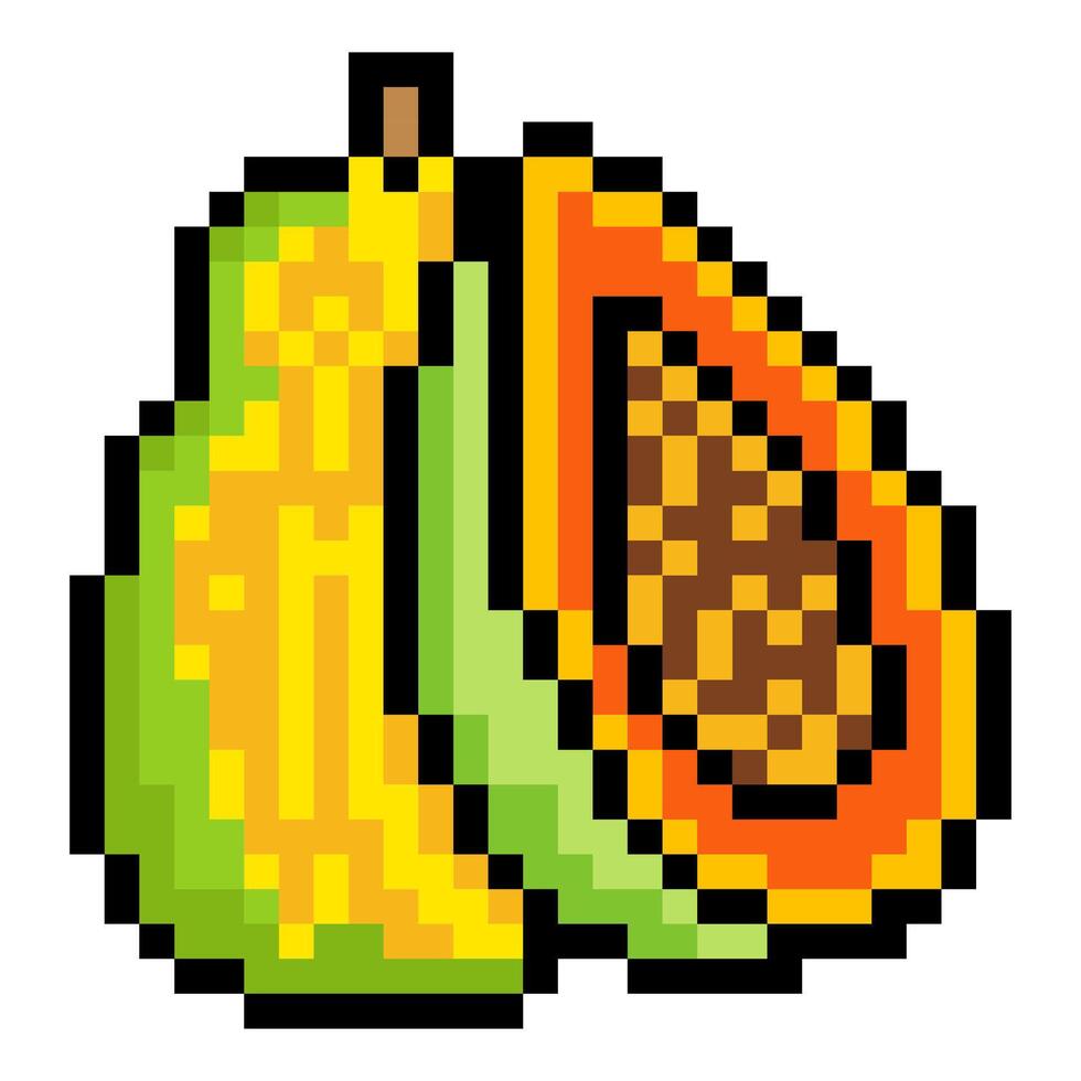 Whole and half papaya with pixel art vector