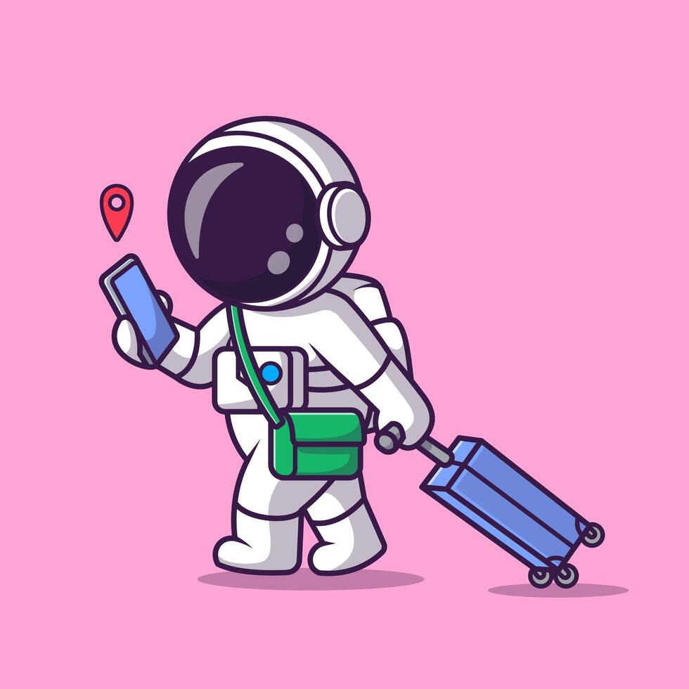 Cute Astronaut Traveling with Suitcase and Phone Cartoon vector