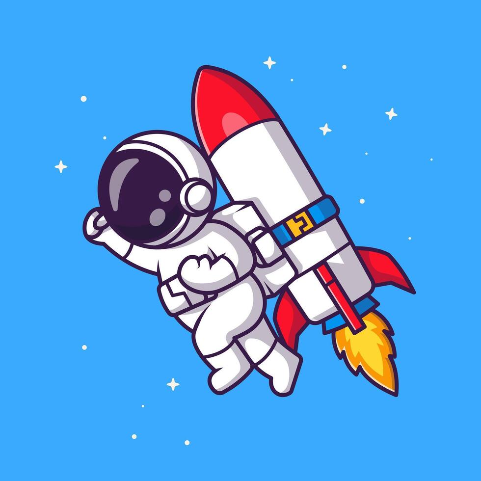 Cute Astronaut Flying with Rocket in Space Cartoon Illustration vector