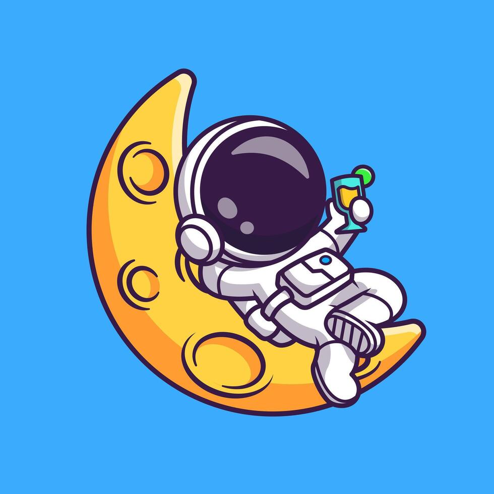 Cute Astronaut Relaxing On Moon with Orange Juice Cartoon vector