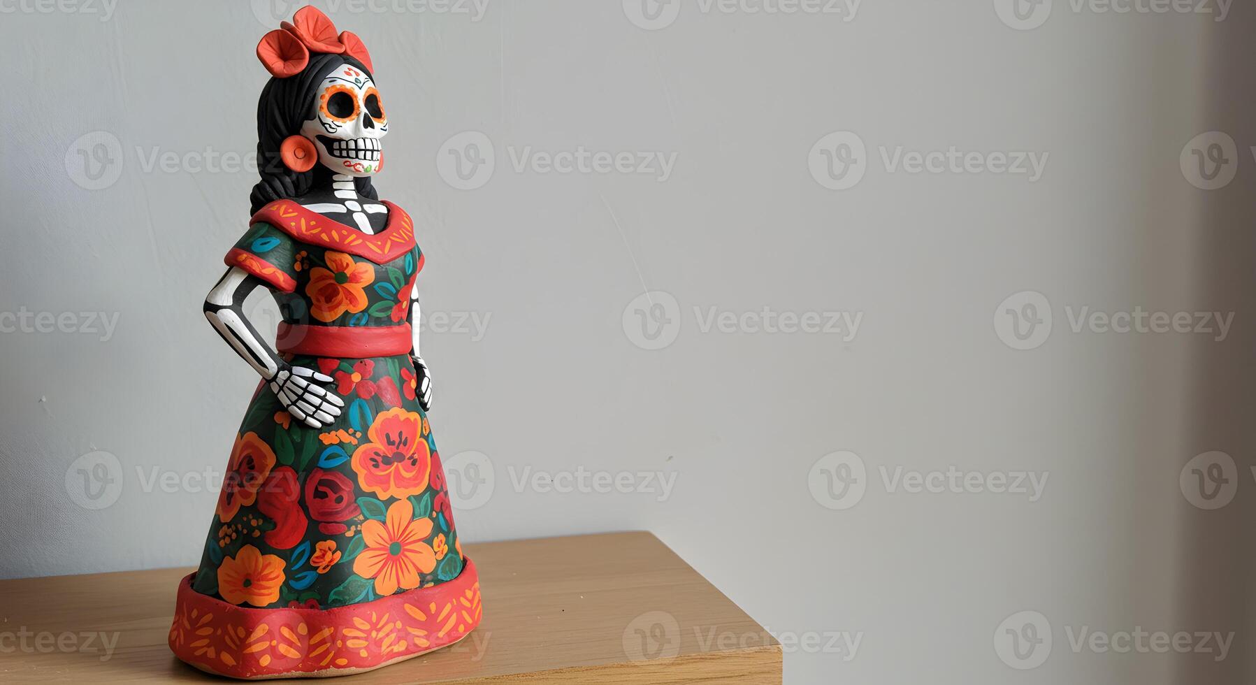 Hand-painted Catrina figure with floral patterns standing on wooden shelf, minimalist white wall background with copy space photo