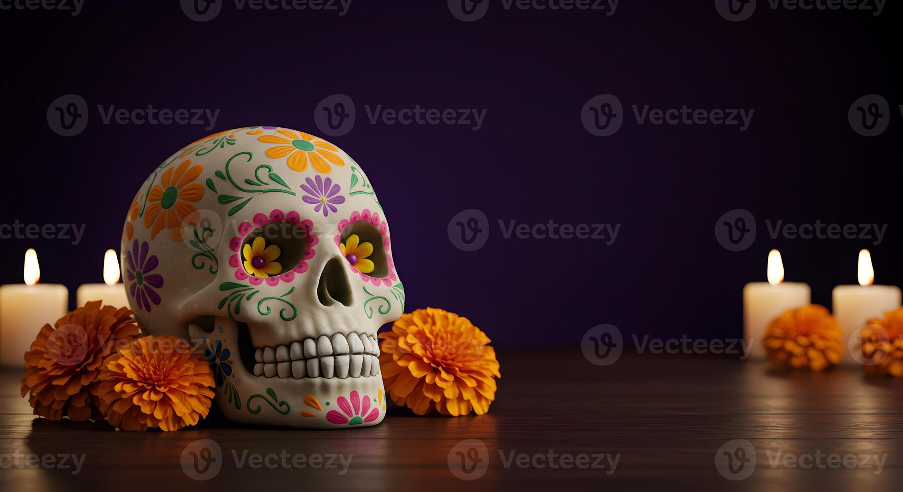 Brightly painted sugar skull with floral designs surrounded by glowing candles and vibrant marigold flowers, resting on a wooden table against a deep purple background, symbolizing Dia de Muertos photo