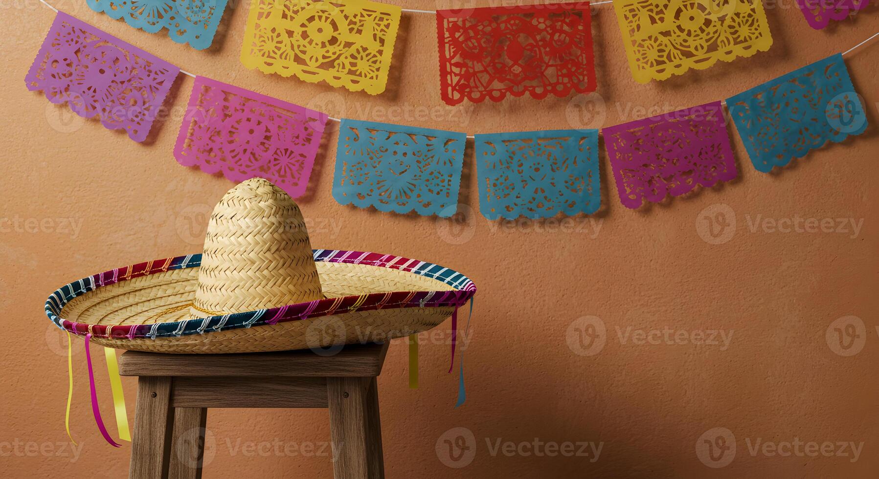 Mexican sombrero on wooden stool with colorful papel picado and terracotta wall, cinco de mayo celebration photo