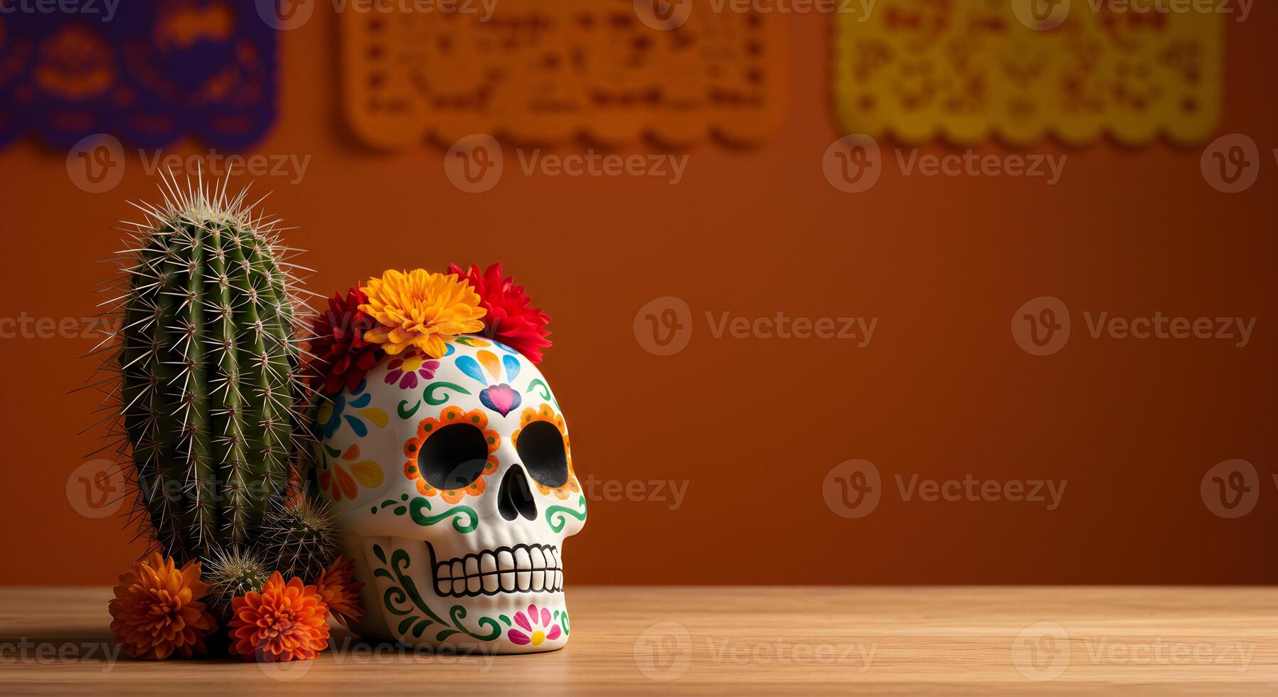 Traditional Day of the Dead Setup Featuring a Decorated Sugar Skull, Vibrant Marigolds, Green Cactus, and Colorful Papel Picado with Space for Text on Orange Background photo