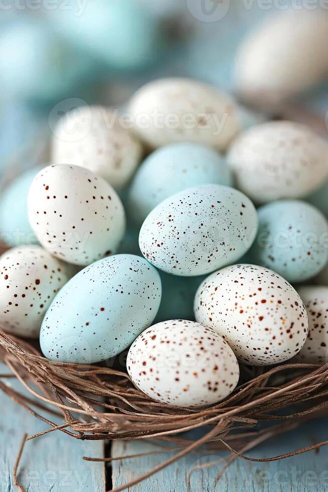 Speckled blue and white eggs in a nest on rustic blue wood background. photo