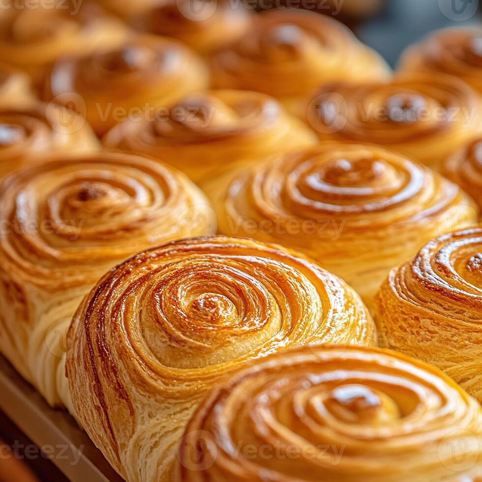 Freshly baked golden brown swirl pastries in bakery display. photo