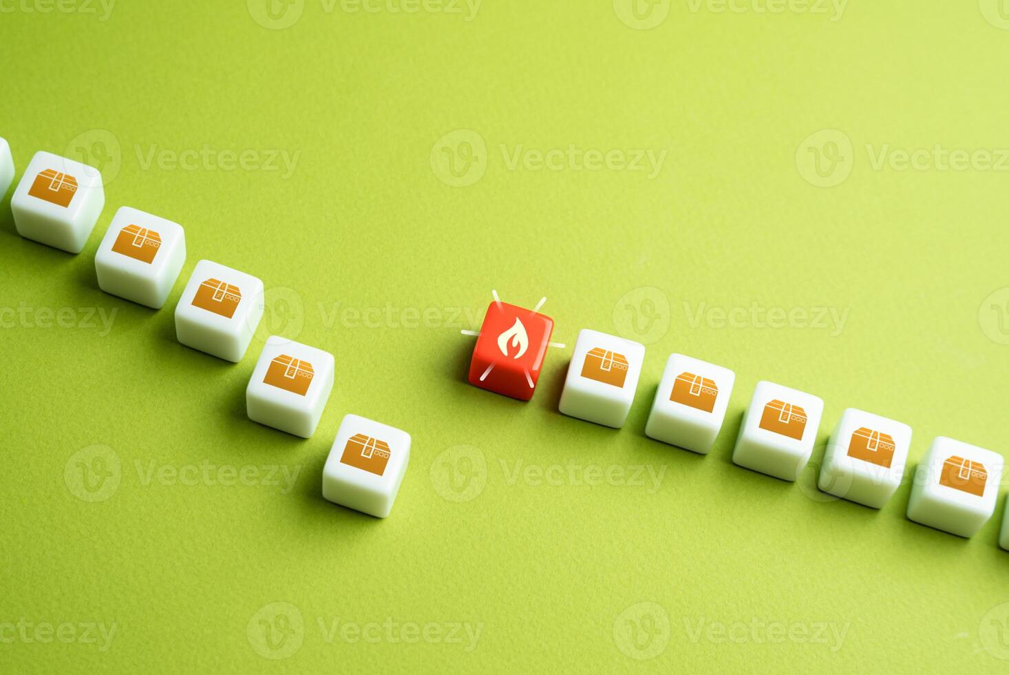 Supply chain disruption concept. A row of boxes is interrupted by an obstacle, symbolizing delays in goods delivery due to tariffs, regulations, or geopolitical issues. photo