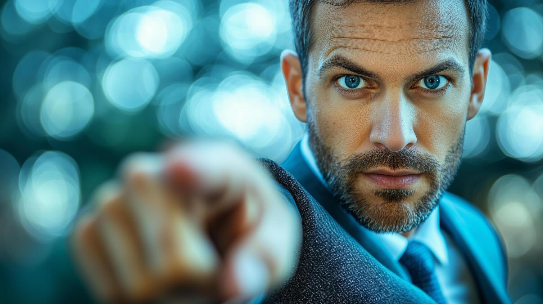 Confident Man Pointing With Determination in a Blurred Outdoor Environment photo