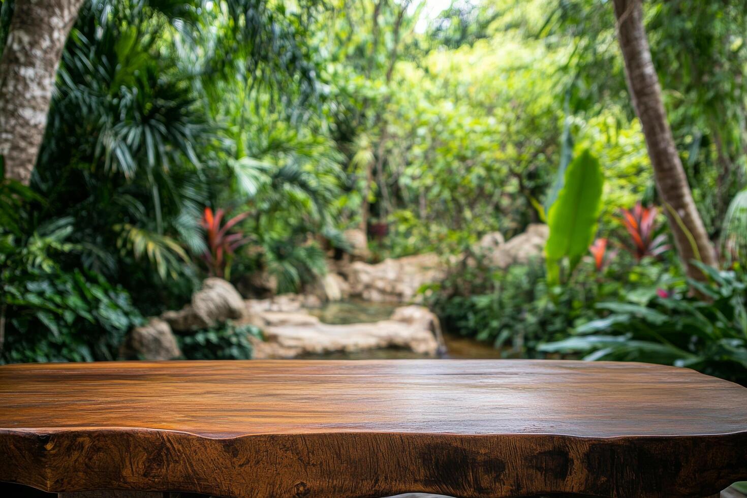 Scenic wooden table overlooking lush green hills under a cloudy sky in a natural setting. photo