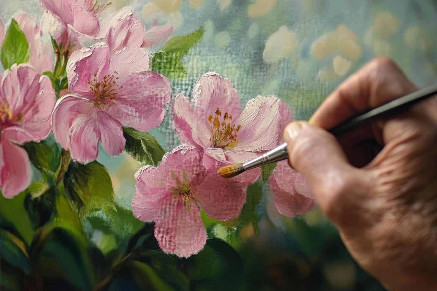 Artist painting colorful flowers in a serene garden setting during daylight hours. photo