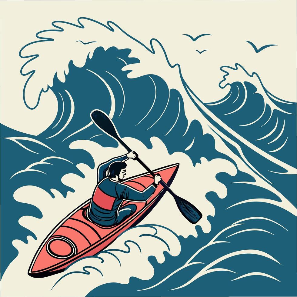 Kayaker Conquering Ocean Waves Vintage Style Illustration. vector