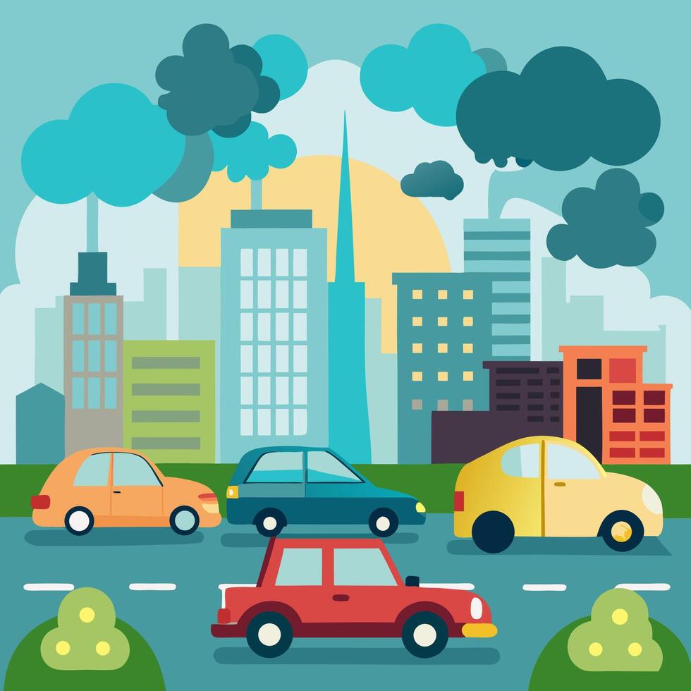 Cityscape Air Pollution Colorful Flat Style Illustration of Traffic Congestion. vector