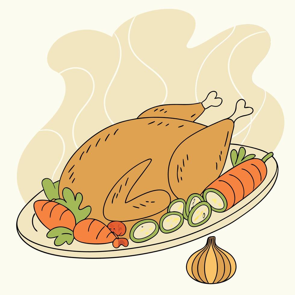 Roasted Turkey Thanksgiving Dinner Illustration Warm Autumn Colors. vector