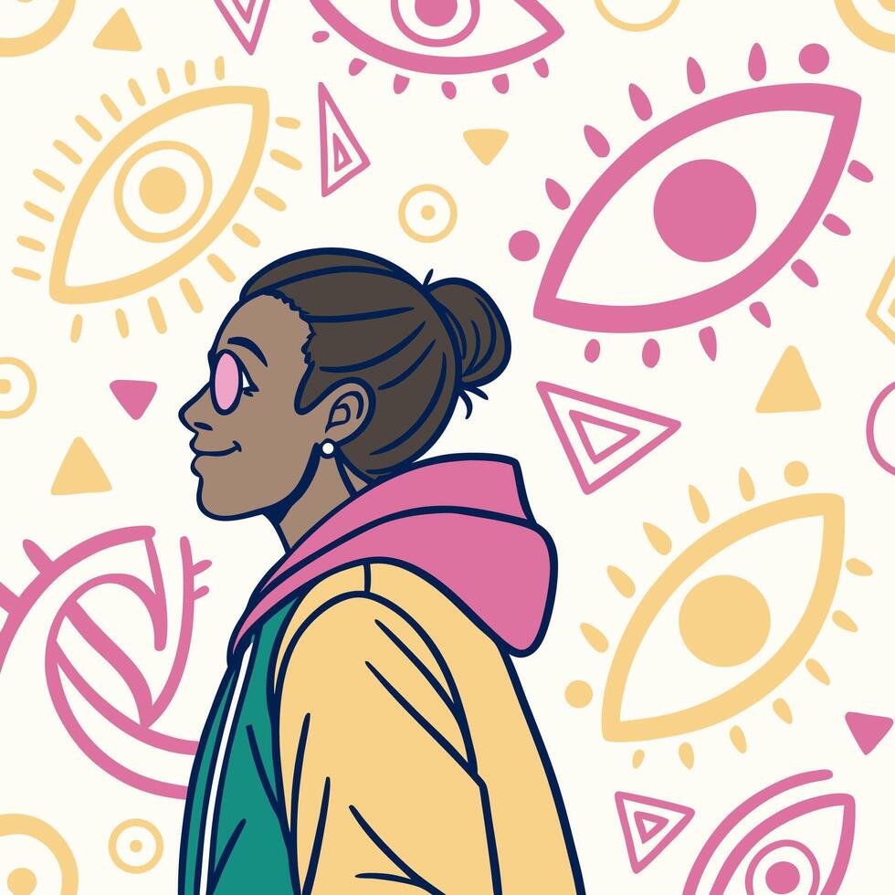 Positive Vibes Young Woman Profile Illustration Yellow, Teal. vector