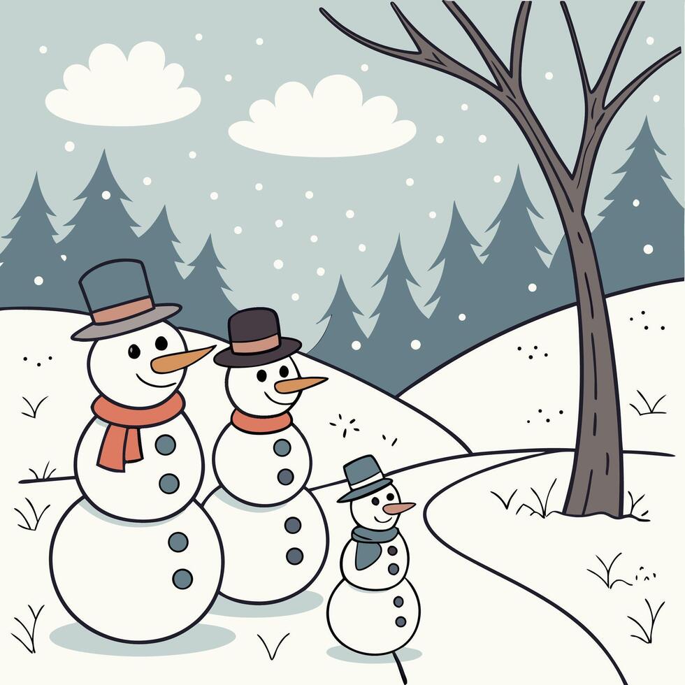 Snowman Family Winter Scene Cute Cartoon Snowmen Illustration, Snowy Landscape. vector