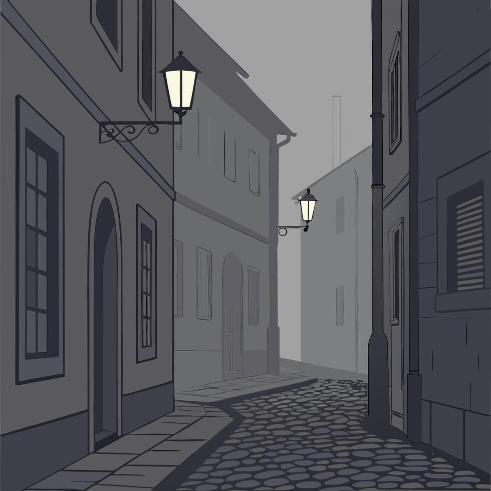 Grayscale Cobblestone Street Dusk Atmospheric Old Town Alleyway Illustration. vector