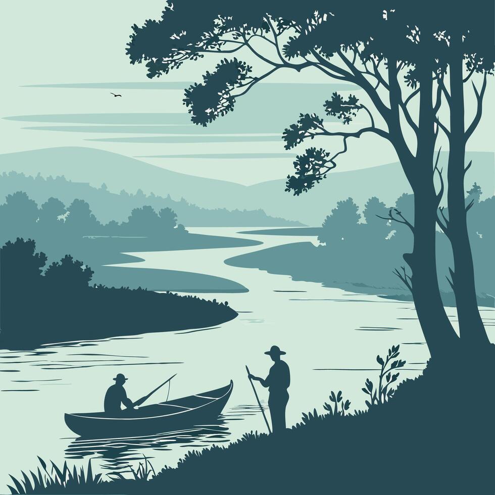 Tranquil River Scene Two Fishermen Canoeing. vector