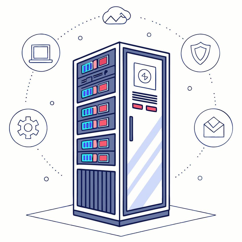 Modern Server Rack Illustration Clean Design, Blue and Red Accents. vector
