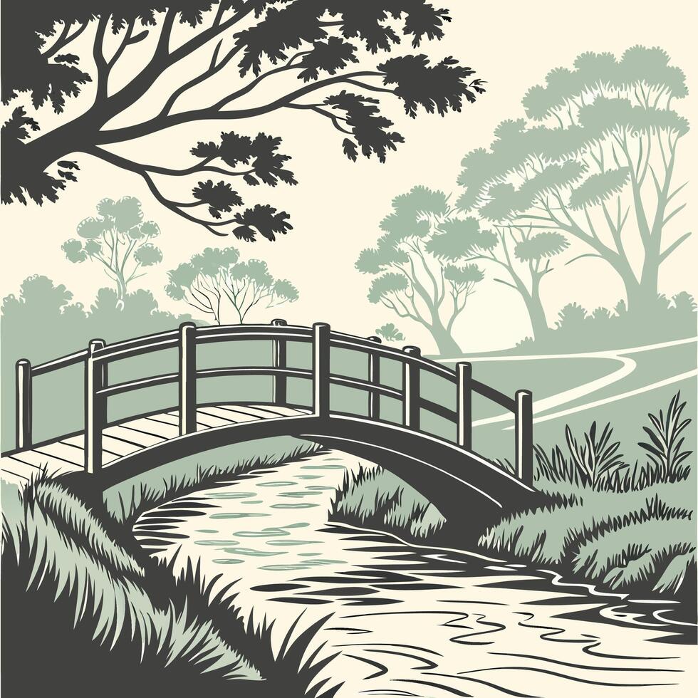 Rustic Wooden Bridge, Tranquil Stream. vector