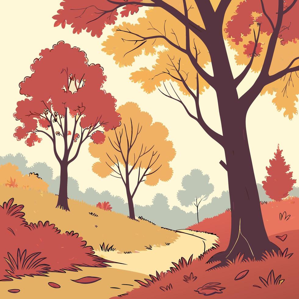 Autumn Pathway Red and Gold Fall Foliage Landscape Illustration. vector