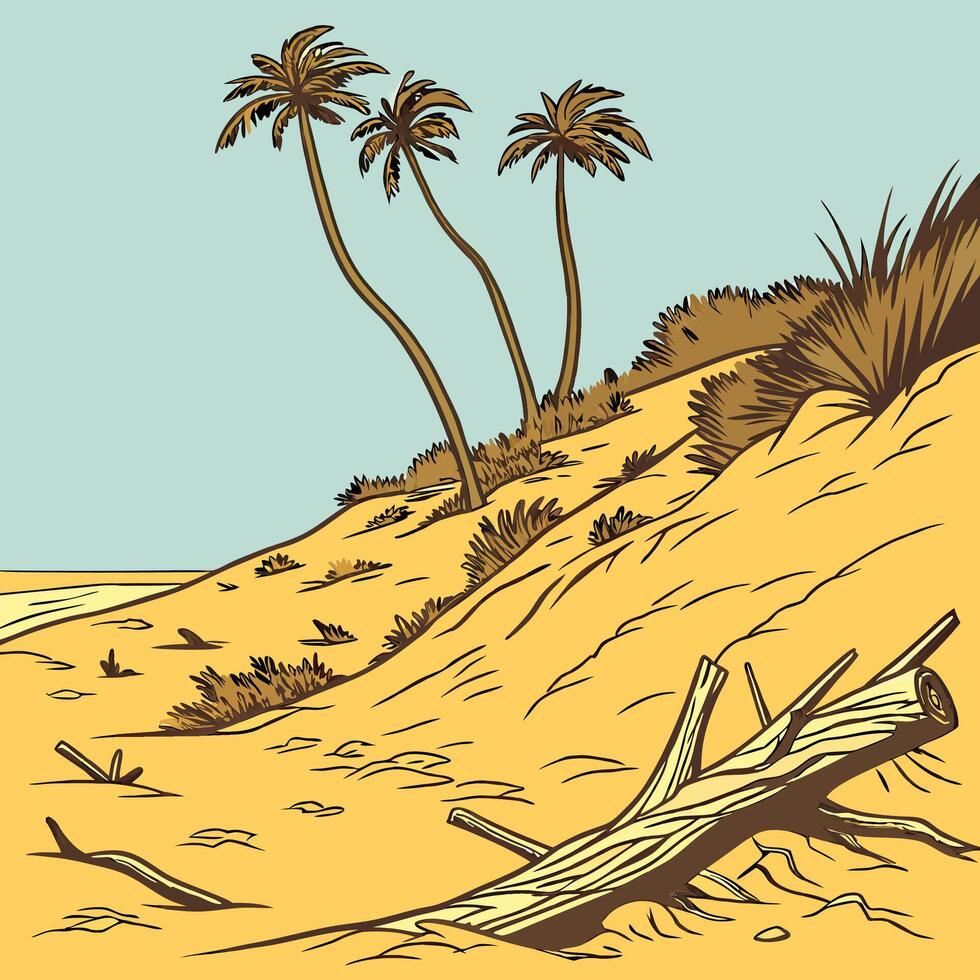 Beach Scene Palm Trees, Sand Dunes. vector