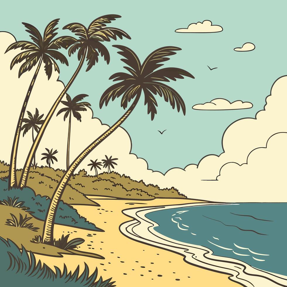 Tropical Beach Scene Palm Trees, Turquoise Ocean. vector