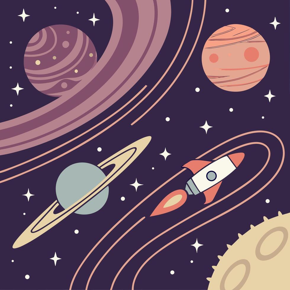 Retro Space Art Planets, Rocket. vector