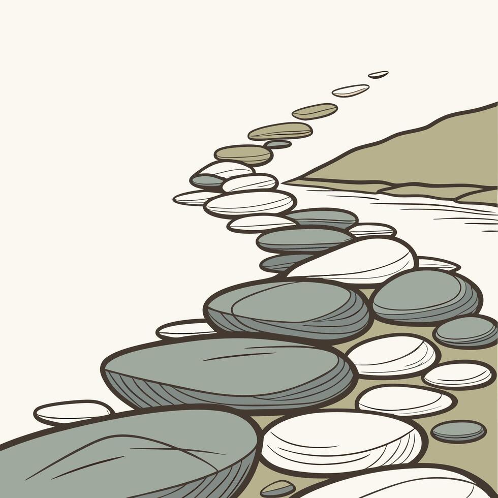 Tranquil Stone Path Hand Drawn Serenity Illustration Calming Greens and Whites. vector