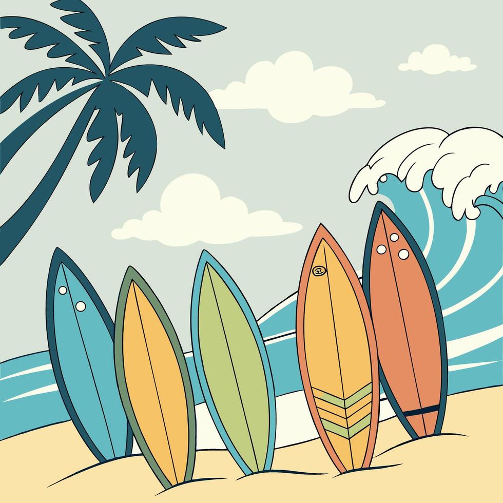 Retro Surfboards Beach Scene Illustration Vintage Style, Colorful, Ocean Wave. vector