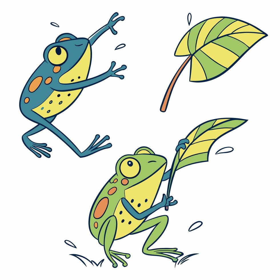 Playful Cartoon Frogs with Leaves Green, Teal. vector