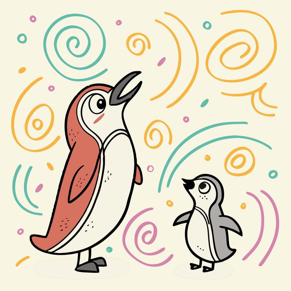 Joyful Singing Penguins Illustration Coral and Grey. vector