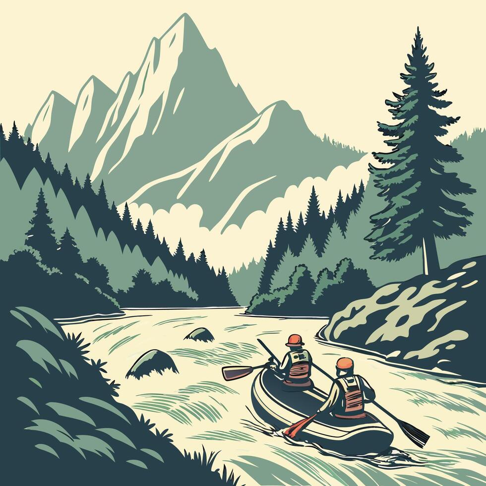 Vintage River Rafting Adventure Mountain River Scene, Two Adventurers. vector