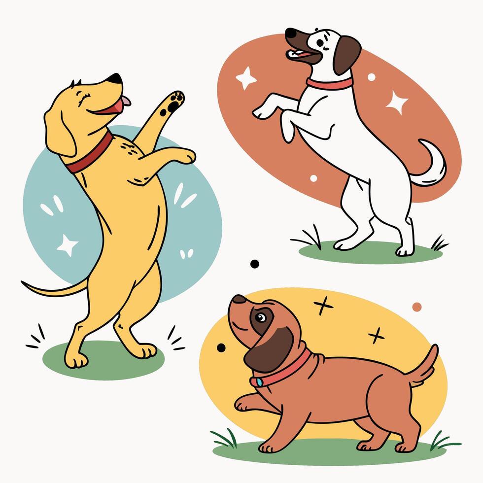 Playful Dogs Illustration Three Cute Breeds, Line Art. vector