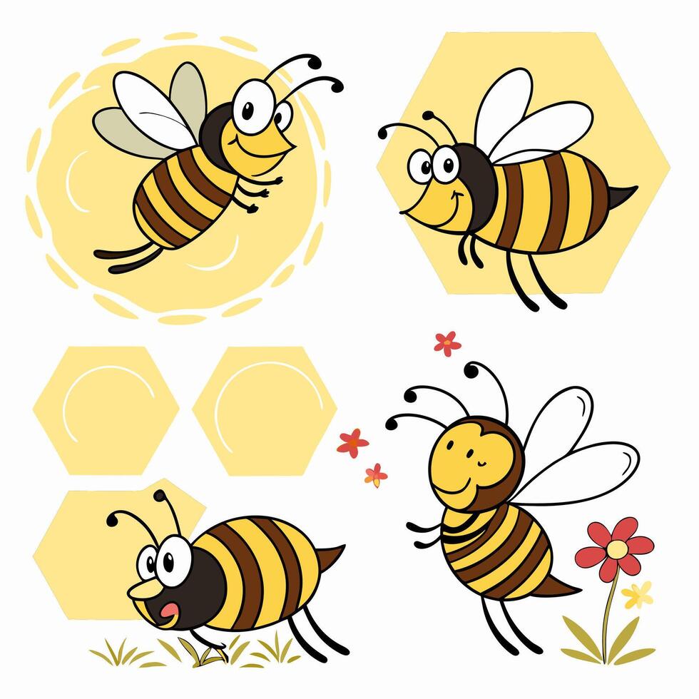 Cute Cartoon Bees Illustration Honeycomb, Flowers. vector