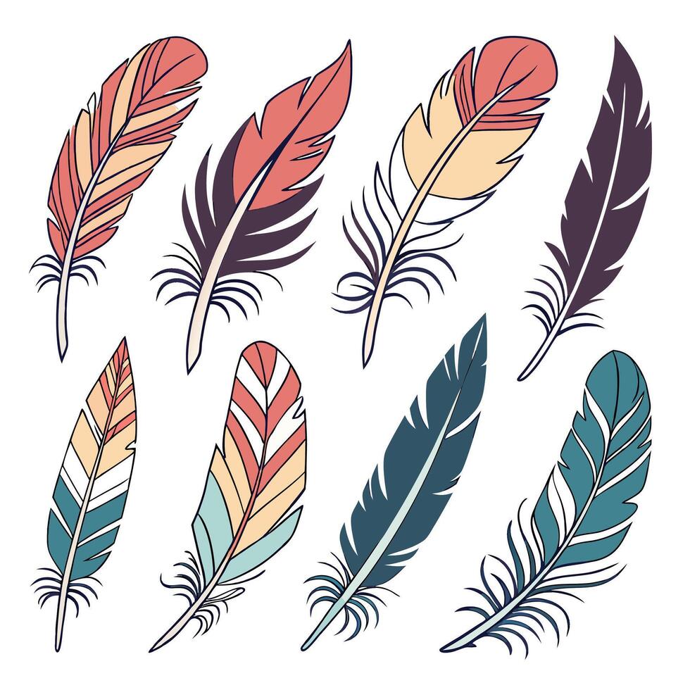Bohemian Feathers Pastel and Earthy Tone Collection 8 Unique Designs. vector