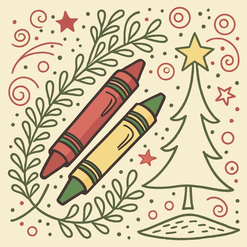 Hand Drawn Christmas Crayons and Tree Red, Yellow. vector