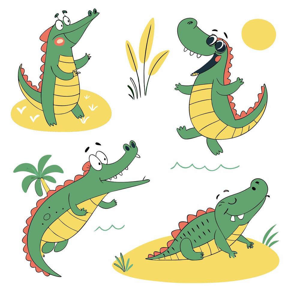 Playful Cartoon Crocodiles Green, Yellow. vector