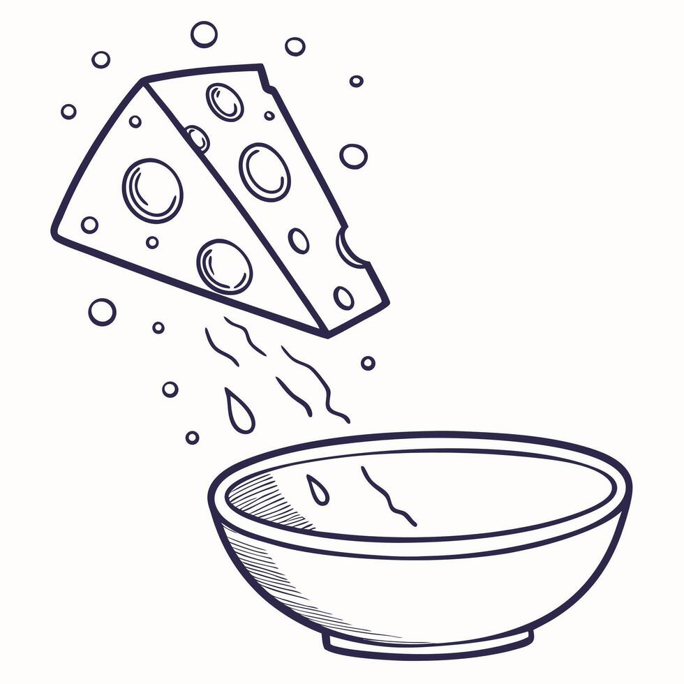 Falling Cheese Wedge, Hand Drawn Illustration, Simple Line Art, Culinary Design. vector
