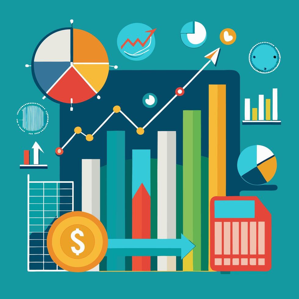 Professional Financial Growth Chart Colorful Data Visualization with Upward Trend and Profit Icons. vector