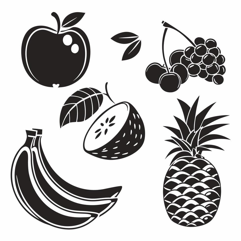 Black and White Fruit Illustration Apple, Banana, Kiwi, Grapes. vector