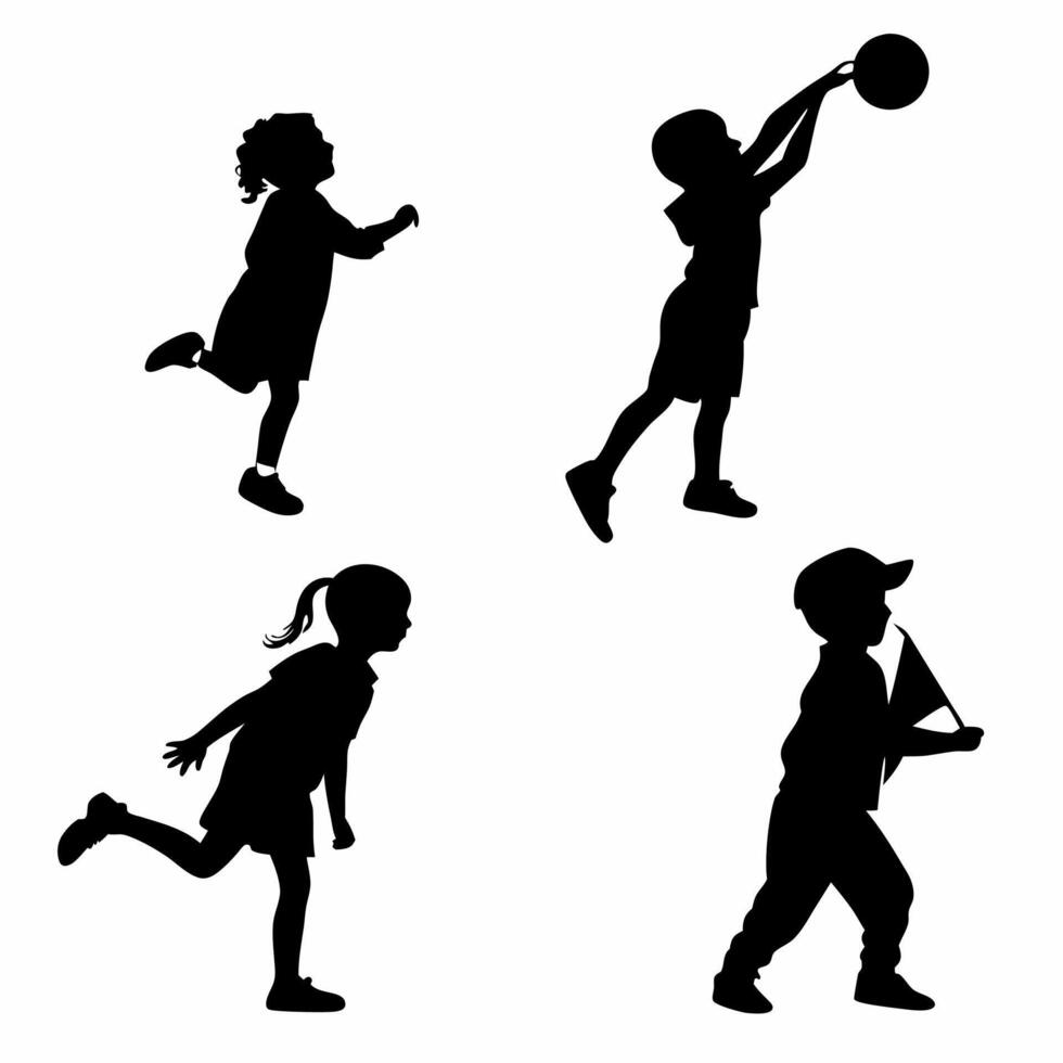 Kids Playing Silhouettes 4 Child Silhouettes Black and White Graphic Set. vector
